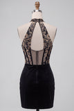 Black Corset Halter Velvet Ruched Deep V-Neck Short Cocktail Dress with Embroidery