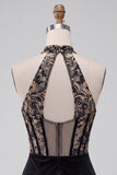 Black Corset Halter Velvet Ruched Deep V-Neck Short Cocktail Dress with Embroidery