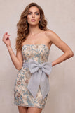 Light Grey Bodycon Sequins Strapless Beaded Short Cocktail Dress with Bow