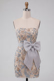 Light Grey Bodycon Sequins Strapless Beaded Short Cocktail Dress with Bow
