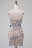 Light Grey Bodycon Sequins Strapless Beaded Short Cocktail Dress with Bow