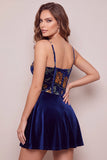 Navy A-Line Velvet Corset Floral Printed Short Cocktail Dress