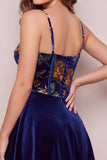 Navy A-Line Velvet Corset Floral Printed Short Cocktail Dress