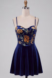 Navy A-Line Velvet Corset Floral Printed Short Cocktail Dress