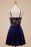 Navy A-Line Velvet Corset Floral Printed Short Cocktail Dress