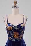 Navy A-Line Velvet Corset Floral Printed Short Cocktail Dress