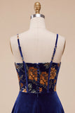 Navy A-Line Velvet Corset Floral Printed Short Cocktail Dress