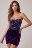 Plum Corset Strapless Velvet Bodycon Ruched Short Cocktail Dress
