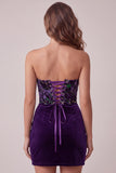 Plum Corset Strapless Velvet Bodycon Ruched Short Cocktail Dress