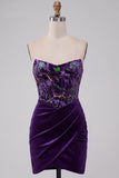 Plum Corset Strapless Velvet Bodycon Ruched Short Cocktail Dress