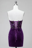 Plum Corset Strapless Velvet Bodycon Ruched Short Cocktail Dress