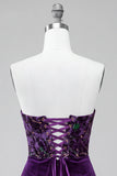 Plum Corset Strapless Velvet Bodycon Ruched Short Cocktail Dress