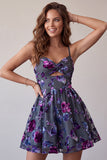 Plum A-Line Sweetheart Cut Out Floral Short Cocktail Dress