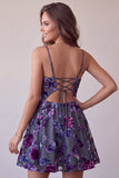 Plum A-Line Sweetheart Cut Out Floral Short Cocktail Dress