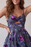 Plum A-Line Sweetheart Cut Out Floral Short Cocktail Dress