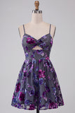 Plum A-Line Sweetheart Cut Out Floral Short Cocktail Dress