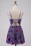 Plum A-Line Sweetheart Cut Out Floral Short Cocktail Dress