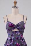 Plum A-Line Sweetheart Cut Out Floral Short Cocktail Dress