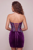 Purple Velvet Corset Bodycon Strapless Ruched Floral Short Cocktail Dress