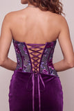 Purple Velvet Corset Bodycon Strapless Ruched Floral Short Cocktail Dress