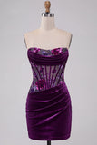 Purple Velvet Corset Bodycon Strapless Ruched Floral Short Cocktail Dress