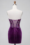 Purple Velvet Corset Bodycon Strapless Ruched Floral Short Cocktail Dress