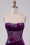 Purple Velvet Corset Bodycon Strapless Ruched Floral Short Cocktail Dress