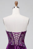 Purple Velvet Corset Bodycon Strapless Ruched Floral Short Cocktail Dress