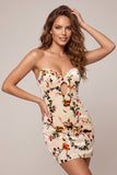 Champagne Floral Bodycon Velvet Strapless Printed Cocktail Dress with Keyhole