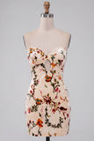 Champagne Floral Bodycon Velvet Strapless Printed Cocktail Dress with Keyhole