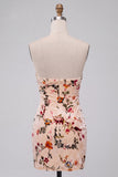 Champagne Floral Bodycon Velvet Strapless Printed Cocktail Dress with Keyhole
