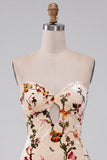 Champagne Floral Bodycon Velvet Strapless Printed Cocktail Dress with Keyhole
