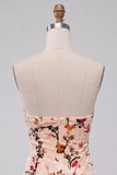 Champagne Floral Bodycon Velvet Strapless Printed Cocktail Dress with Keyhole
