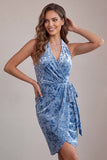 Slate Blue Bodycon Halter Velvet Ruched Midi Cocktail Dress with Sash