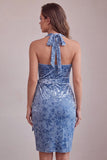 Slate Blue Bodycon Halter Velvet Ruched Midi Cocktail Dress with Sash