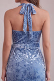 Slate Blue Bodycon Halter Velvet Ruched Midi Cocktail Dress with Sash