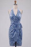 Slate Blue Bodycon Halter Velvet Ruched Midi Cocktail Dress with Sash