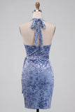 Slate Blue Bodycon Halter Velvet Ruched Midi Cocktail Dress with Sash