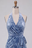 Slate Blue Bodycon Halter Velvet Ruched Midi Cocktail Dress with Sash