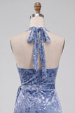 Slate Blue Bodycon Halter Velvet Ruched Midi Cocktail Dress with Sash