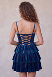 Navy A-Line Corset Burnout Velvet Tiered Ruffle Short Cocktail Dress with Lace Up Back