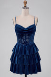Navy A-Line Corset Burnout Velvet Tiered Ruffle Short Cocktail Dress with Lace Up Back
