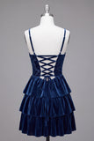 Navy A-Line Corset Burnout Velvet Tiered Ruffle Short Cocktail Dress with Lace Up Back
