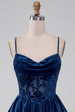 Navy A-Line Corset Burnout Velvet Tiered Ruffle Short Cocktail Dress with Lace Up Back