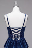 Navy A-Line Corset Burnout Velvet Tiered Ruffle Short Cocktail Dress with Lace Up Back