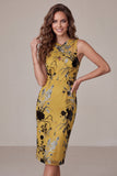 Ginger Yellow Sheath Keyhole Floral Midi Cocktail Dress
