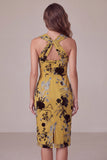 Ginger Yellow Sheath Keyhole Floral Midi Cocktail Dress
