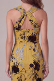 Ginger Yellow Sheath Keyhole Floral Midi Cocktail Dress