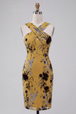 Ginger Yellow Sheath Keyhole Floral Midi Cocktail Dress