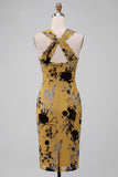 Ginger Yellow Sheath Keyhole Floral Midi Cocktail Dress